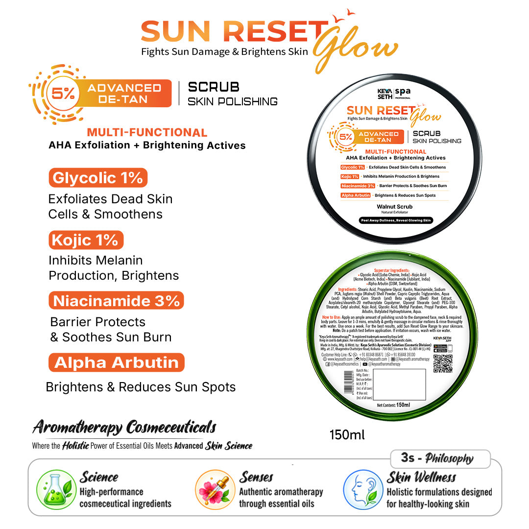 5% Advance De Tan SUN RESET Glow Skin Polishing Scrub 1% Glycolic, 1% Kojic, 3% Niacinamide, Alpha Arbutin Fights Sun Damage & Brightens Skin - Keya Seth Aromatherapy