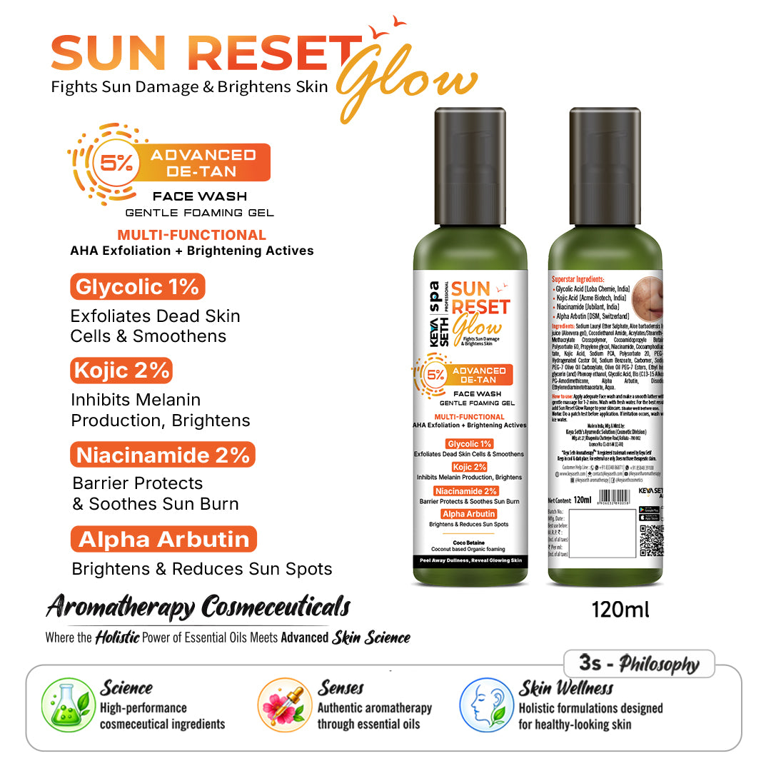 5% Advanced De Tan SUN REST Glow Foaming Face Wash Gel 1% Glycolic, 2% Kojic, 2% Niacinamide, Alpha Arbutin, Fights Sun Damage & Brightens Skin