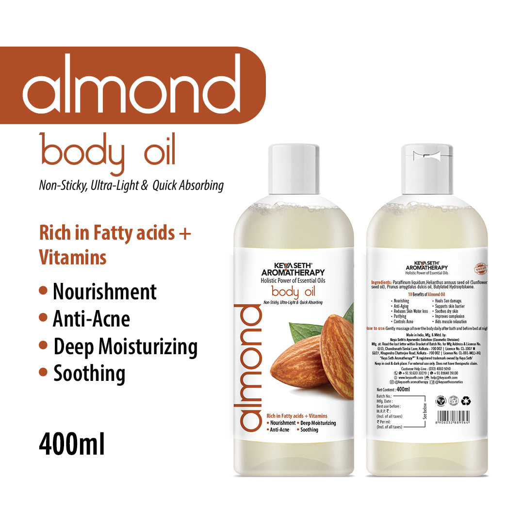 Almond Body Oil - Anti-Acne, Deep Moisturizing, Soothing, Skin Nourishment; Non-Sticky, Quick-Absorbing - Keya Seth Aromatherapy