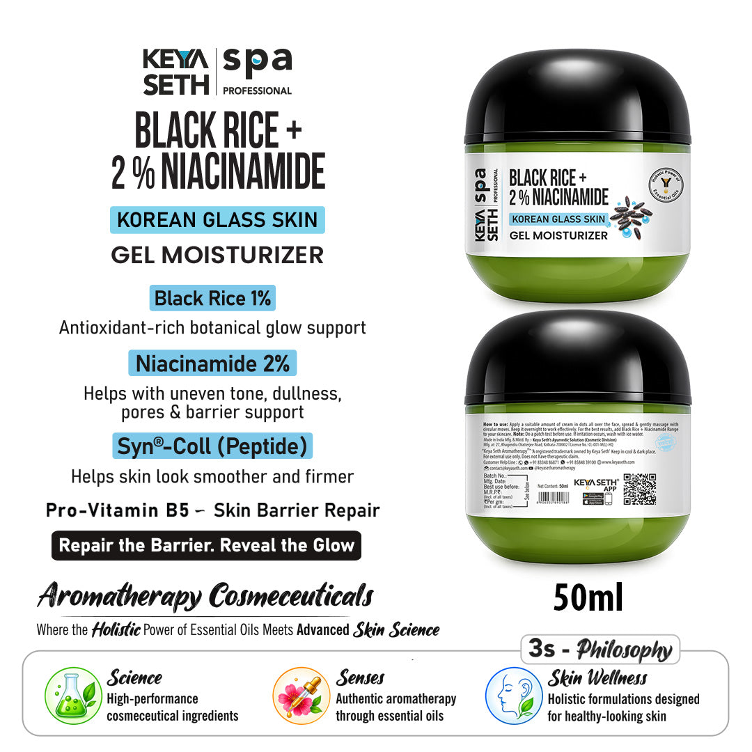 Korean Glass Skin Gel Moisturizer - 1% Black Rice, 2% Niacinamide & Peptide – Hydrates, Brightens & Strengthens Skin Barrier - Keya Seth Aromatherapy