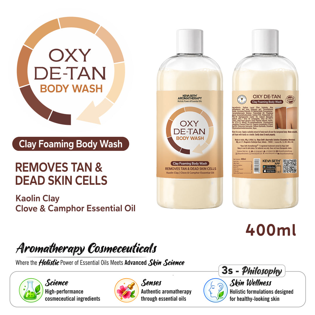 Oxy-De-Tan Clay Foaming Body Wash - Removes Tan & Dead Skin, Glowing & Lightens Skin with Essential Oils