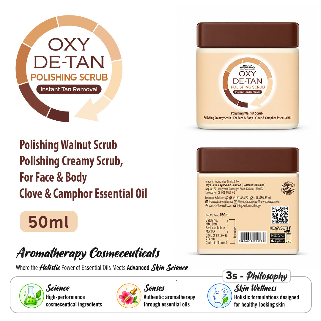 Oxy De Tan Face & Body Polishing Walnut Scrub - Removes Tan, Glowing & Lightens Skin with Essential Oils - Keya Seth Aromatherapy