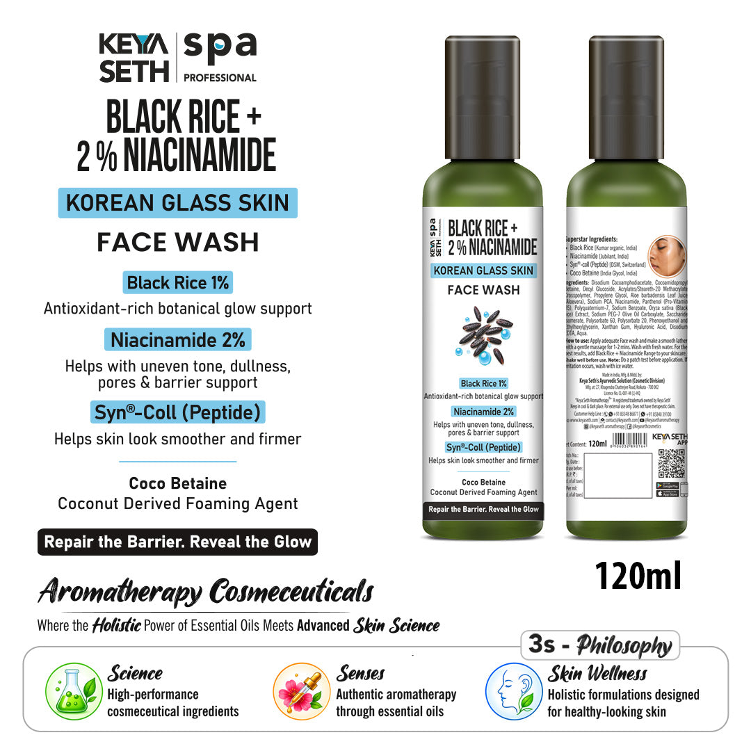Korean Glass Skin Face Wash – 1% Black Rice, 2% Niacinamide & Peptide, Brightens, Smoothens, Minimizes Pores & Strengthens Skin Barrier - Keya Seth Aromatherapy