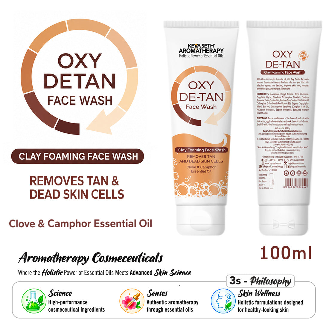 Oxy De Tan Clay Foaming Facewash Hydration & Moisturizing Infused with Clove & Camphor Oil, Removes Tan & Dead Skin Cells SLS & Paraben Free 100ml - Keya Seth Aromatherapy