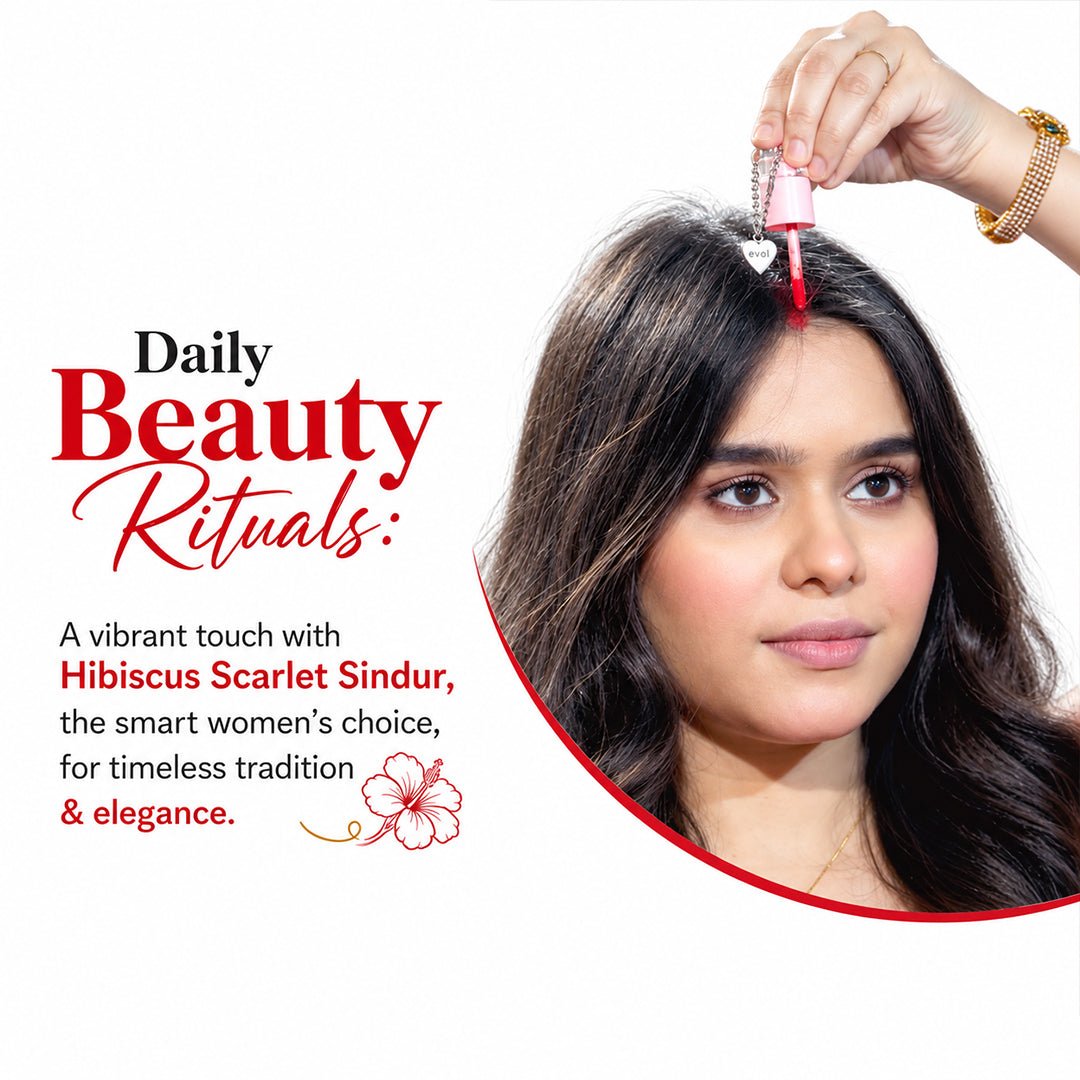 Woman applying Hibiscus Scarlet Red Liquid Sindoor along her hair parting in a daily beauty ritual.