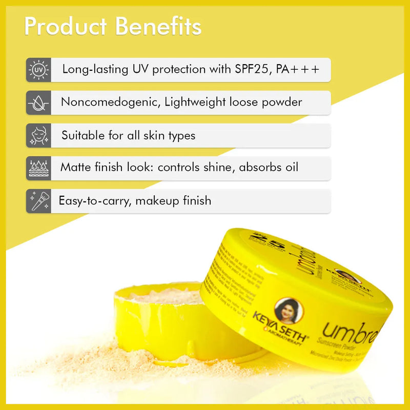 Umbrella Sunscreen Powder SPF 25 with PA+++ UV Protection, Sweat Resistant Formula, Micronized Zinc Oxide for Oily Skin