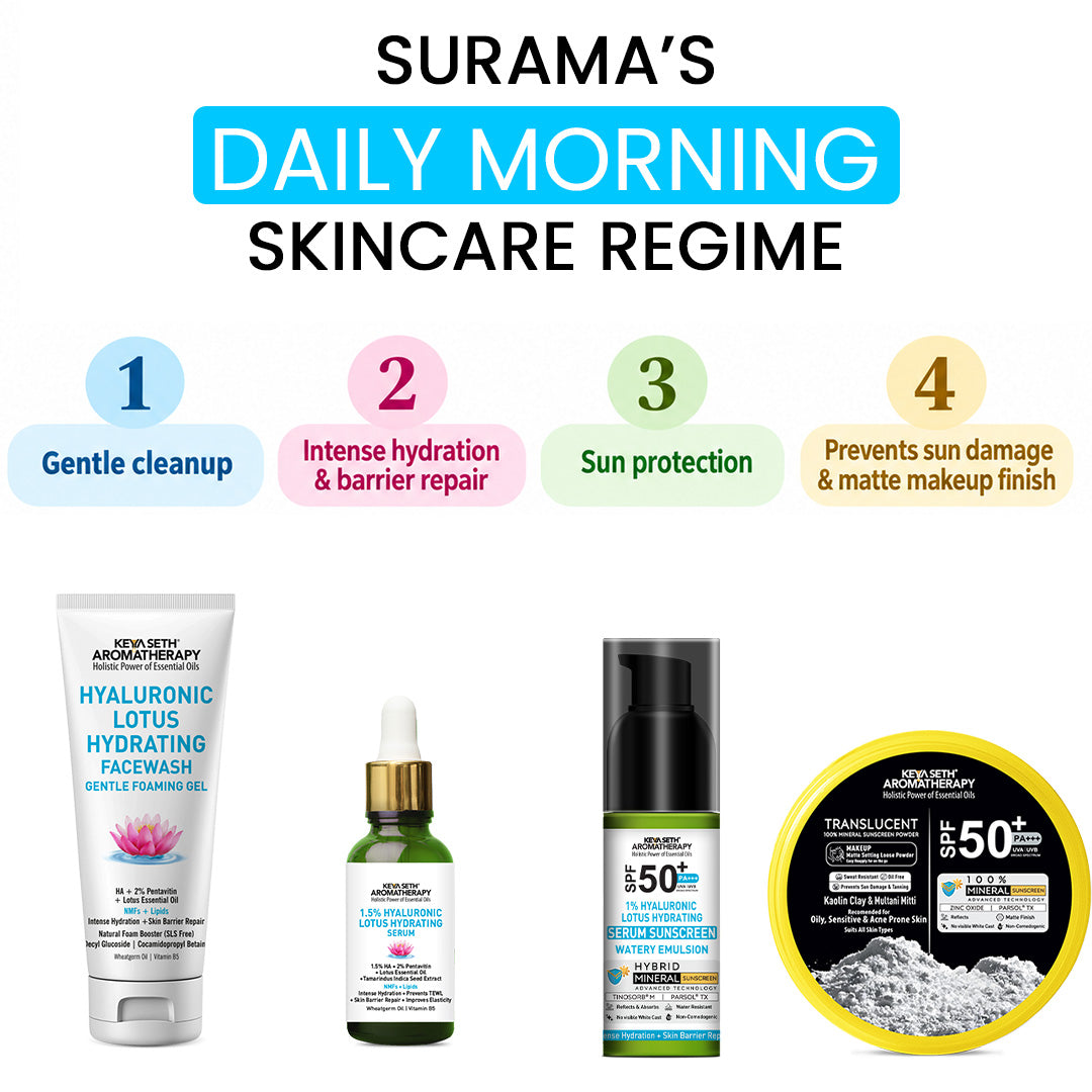 Surama’s Day Skin Care Ritual – Hydrating Face Wash, 1.5% Hyaluronic Acid Serum, Hyaluronic Sunscreen SPF50 & Matte Loose Translucent Powder for Intense Hydration, Barrier Repairing, Anti-Ageing & UV Protection