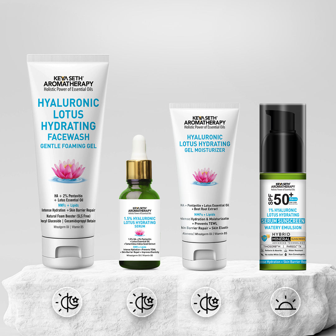 Daily Skincare Routine for Dry & Combination Skin – Hyaluronic Lotus Face Wash, 1.5% Hydrating Serum, Gel Moisturizer with 2% Pentavitin & SPF 50 PA+++ Sunscreen for Intense Hydration and Skin Barrier Repair