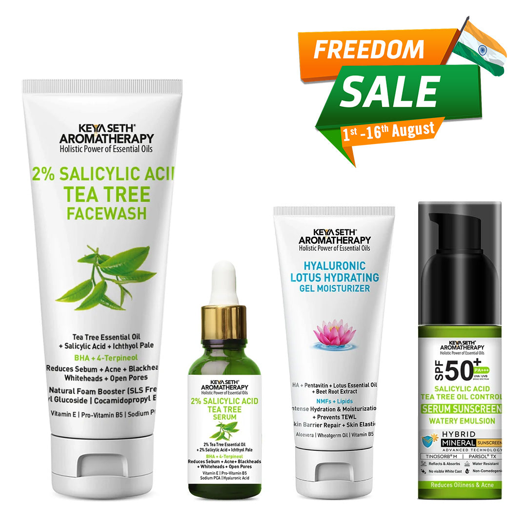 Daily Skincare Routine for Oily & Acne-Prone Skin - 2% Salicylic Acid Tea Tree Facewash & Serum with BHA, Vitamin E & B5 + 2% Pentavitin Moisturizer + Salicylic Tea Tree Oil Control Serum Mineral Sunscreen SPF 50 PA+++ - Keya Seth Aromatherapy