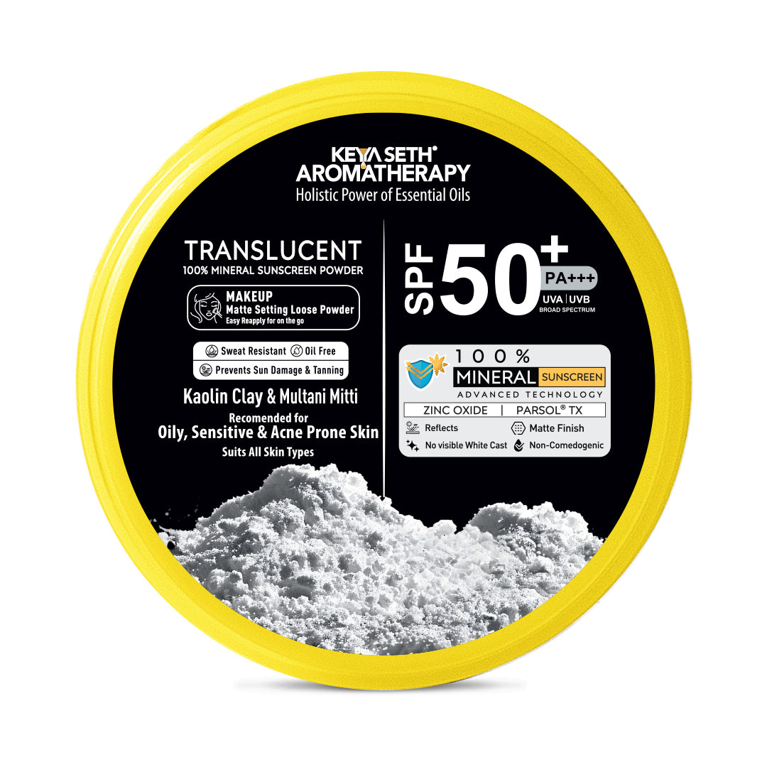 100% Mineral Translucent Sunscreen Loose Powder SPF 50 PA+++ - Makeup Finish, No White Cast with Zinc Oxide & Parsol TX - Keya Seth Aromatherapy