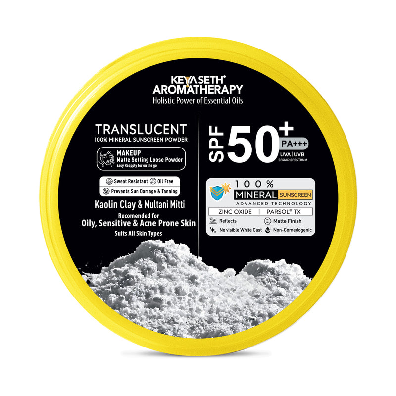 100% Mineral Translucent Sunscreen Loose Powder SPF 50 PA+++ - Makeup Finish, No White Cast with Zinc Oxide & Parsol TX - Keya Seth Aromatherapy