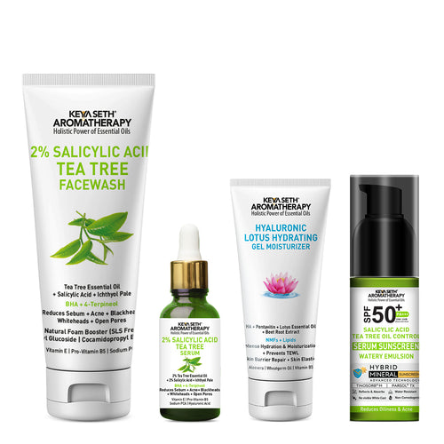 Daily Skincare Routine for Oily & Acne-Prone Skin - 2% Salicylic Acid Tea Tree Facewash & Serum with BHA, Vitamin E & B5 + 2% Pentavitin Moisturizer + Salicylic Tea Tree Oil Control Serum Mineral Sunscreen SPF 50 PA+++ - Keya Seth Aromatherapy