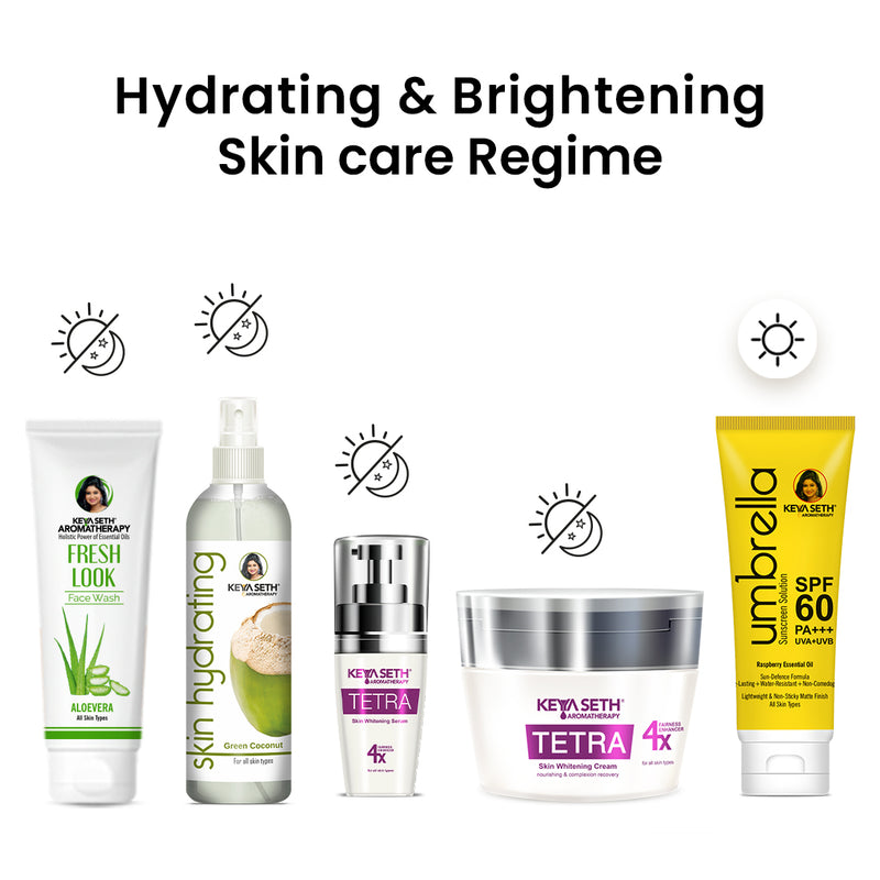 Hydrating & Brightening Skincare Routine Kit - Aloe Vera Face Wash, Green Coconut Toner, Brightening Serum, Whitening Cream & Umbrella SPF 60 Sunscreen for Radiant Skin - Keya Seth Aromatherapy