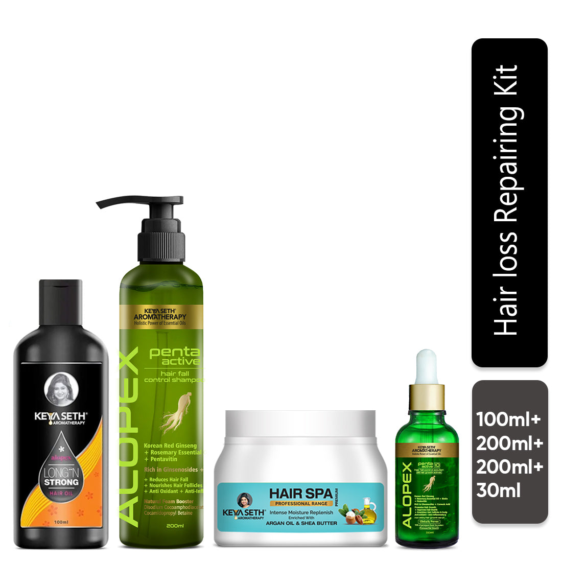 Hair Loss Repair Kit: Rosemary & Tea Tree Oil, Biotin & Pro-Vitamin B5 Shampoo, Jojoba & Lavender Hair Spa, and Korean Red Ginseng Serum for Hair Growth & Strength - Keya Seth Aromatherapy