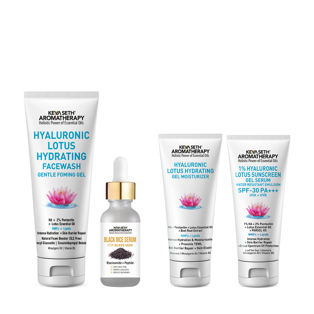 Daily Skincare Routine for Glass Skin – Hydrating Facewash, Black Rice Serum, Gel Moisturizer & Sunscreen for Radiance, Smoothness & Pore Reduction - Keya Seth Aromatherapy