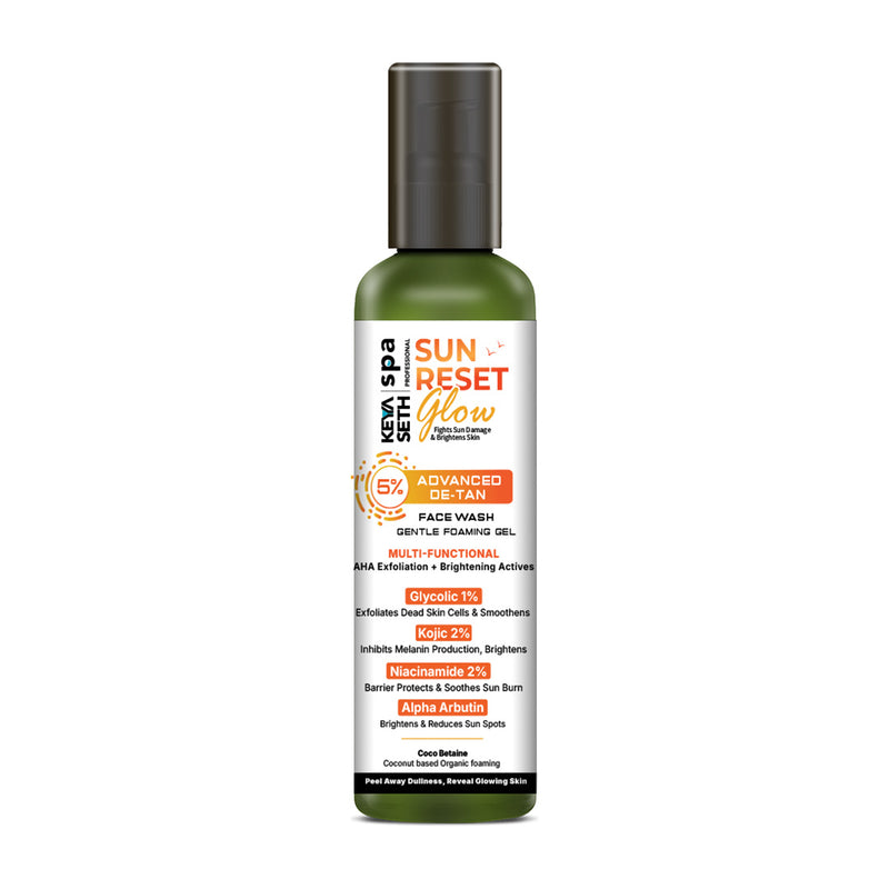 5% Advanced De Tan SUN REST Glow Foaming Face Wash Gel 1% Glycolic, 2% Kojic, 2% Niacinamide, Alpha Arbutin, Fights Sun Damage & Brightens Skin - Keya Seth Aromatherapy