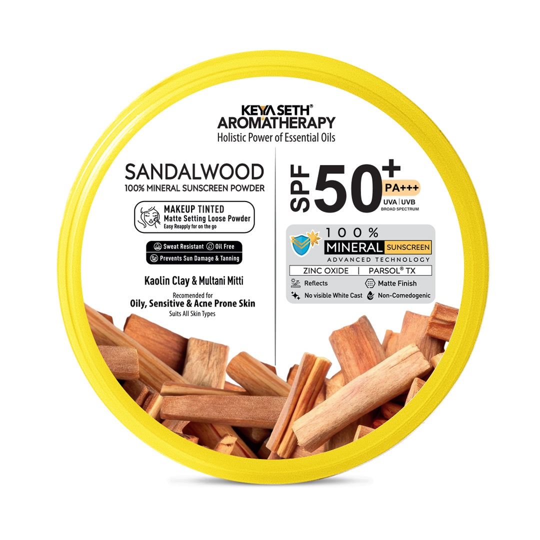 100% Sandalwood Mineral Tinted Sunscreen Loose Powder SPF 50 PA+++ - Makeup Finish, No White Cast with Zinc Oxide & Parsol TX - Keya Seth Aromatherapy