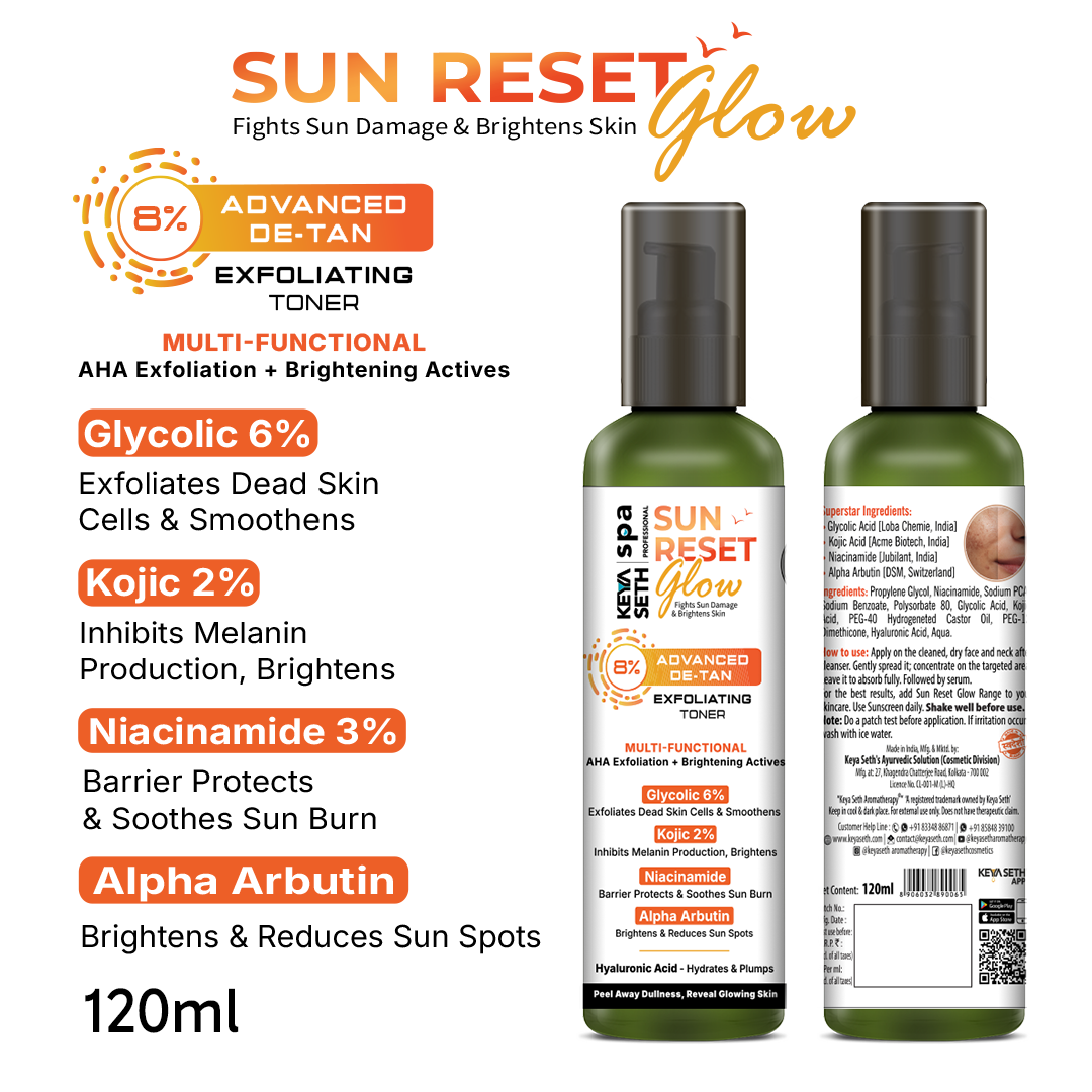 8% Advanced De Tan SUN Reset Glow Exfoliating Toner 6% Glycolic, 2% Kojic, Niacinamide, Alpha Arbutin, Fights Sun Damage & Brightens Skin - Keya Seth Aromatherapy