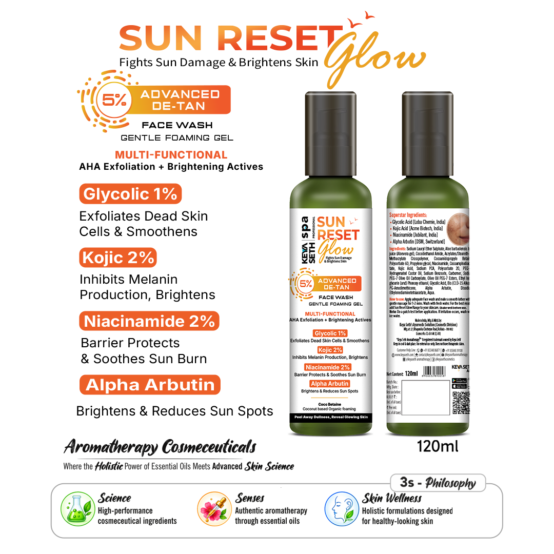 5% Advanced De Tan SUN REST Glow Foaming Face Wash Gel 1% Glycolic, 2% Kojic, 2% Niacinamide, Alpha Arbutin, Fights Sun Damage & Brightens Skin - Keya Seth Aromatherapy