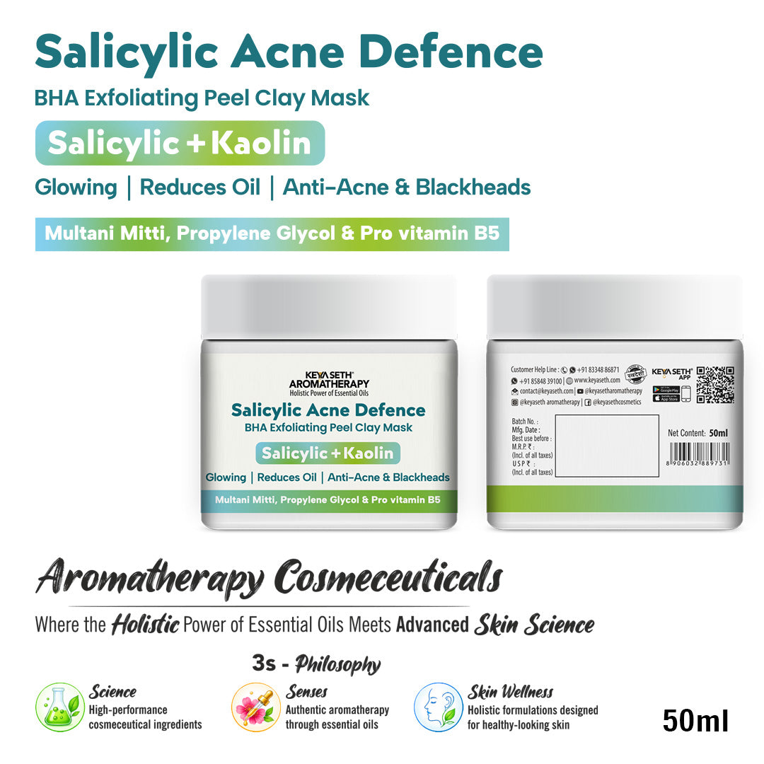 Salicylic Acne Defence BHA Exfoliating Peel Clay Mask - Glowing, Reduces Oil, Anti Acne, Remove Blackheads - Keya Seth Aromatherapy