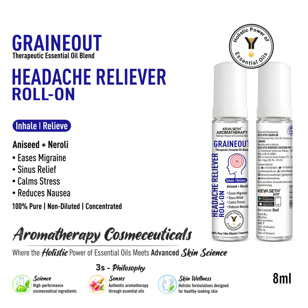 Graineout Headache Reliever Roll-On for Migraine, Sinus, Stress & Nausea with Aniseed & Neroli Oils - Keya Seth Aromatherapy