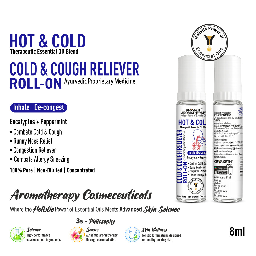 Hot & Cold – Cold & Cough Reliever Roll-On for Runny Nose, Congestion, Sneezing with Eucalyptus & Peppermint Essential Oils - Keya Seth Aromatherapy