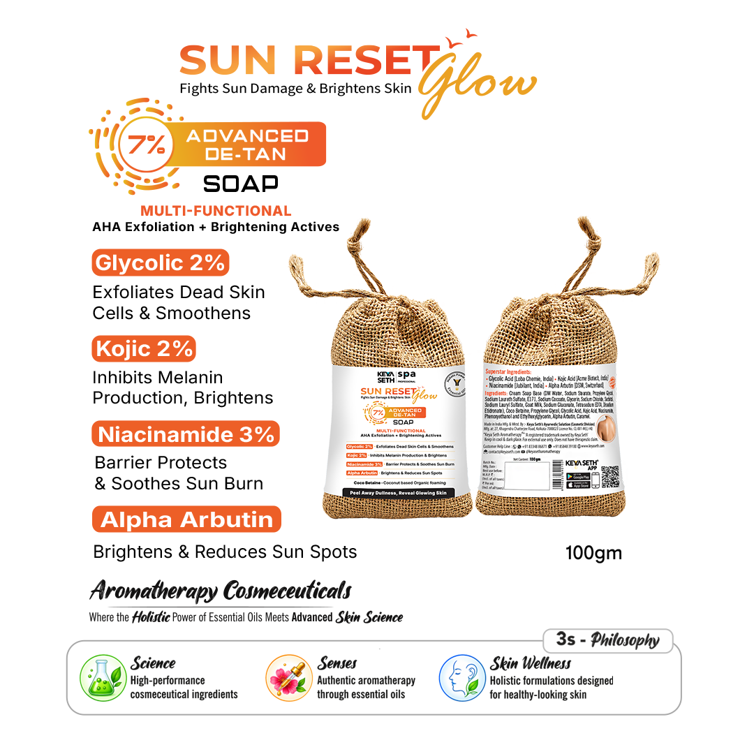 7% Advanced De Tan SUN RESET Glow Soap 2% Glycolic, 2% kojic, 3% Niacinamide, Alpha Arbutin Fights Sun Damage & Brightens Skin - Keya Seth Aromatherapy