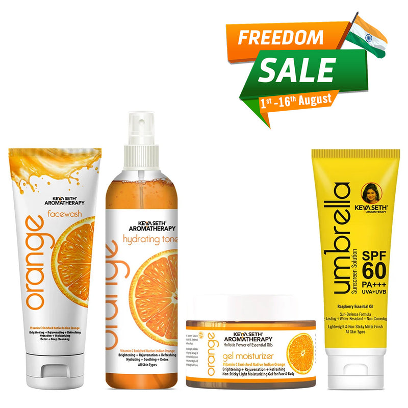 Orange Skincare Routine For Glowing Skin - Facewash, Toner, Moisturizer, Sunscreen with Orange Essential Oil, Pro-Vitamin B5 for Cleansing, Hydration, Pore Care & Sun Protection - Keya Seth Aromatherapy