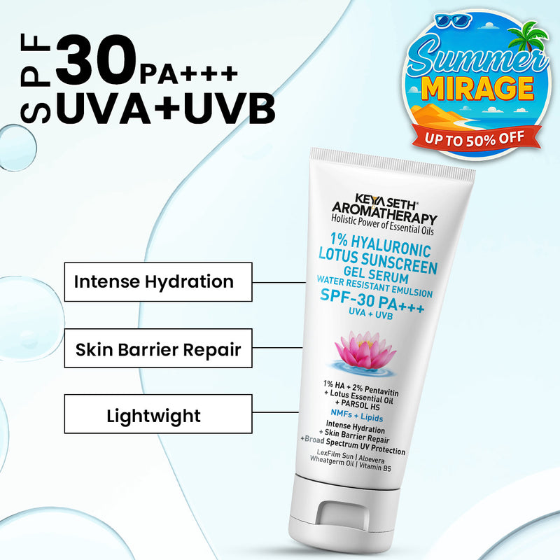 1% Hyaluronic Lotus Sunscreen Aqua GEL Serum, SPF 30 UVA + UVB ,2% Pentavitin + Parsol HS, NMFs + Lipids, Water Resistant + Skin Barrier Repair - Keya Seth Aromatherapy