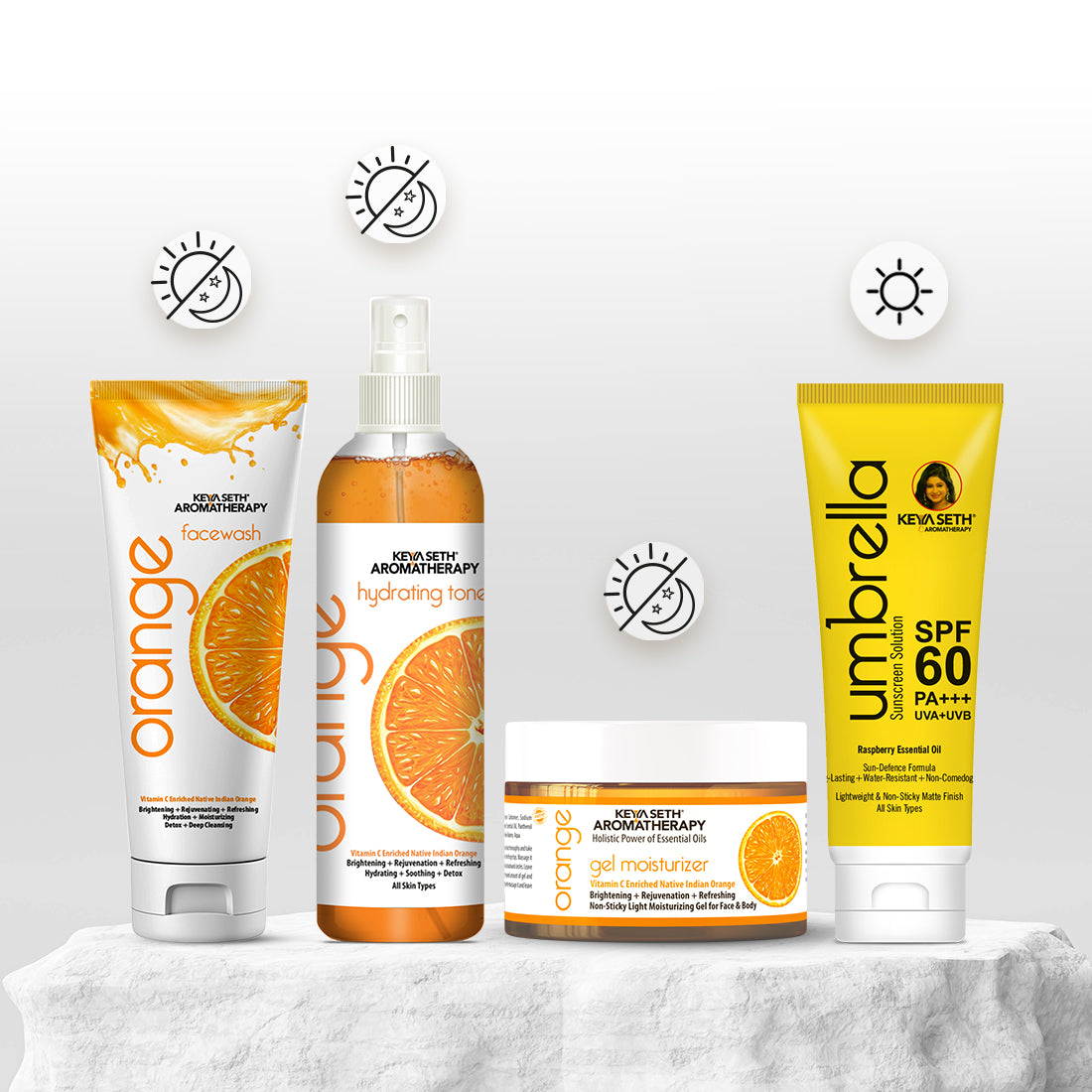 Orange Skincare Routine For Glowing Skin - Facewash, Toner, Moisturizer, Sunscreen with Orange Essential Oil, Pro-Vitamin B5 for Cleansing, Hydration, Pore Care & Sun Protection - Keya Seth Aromatherapy