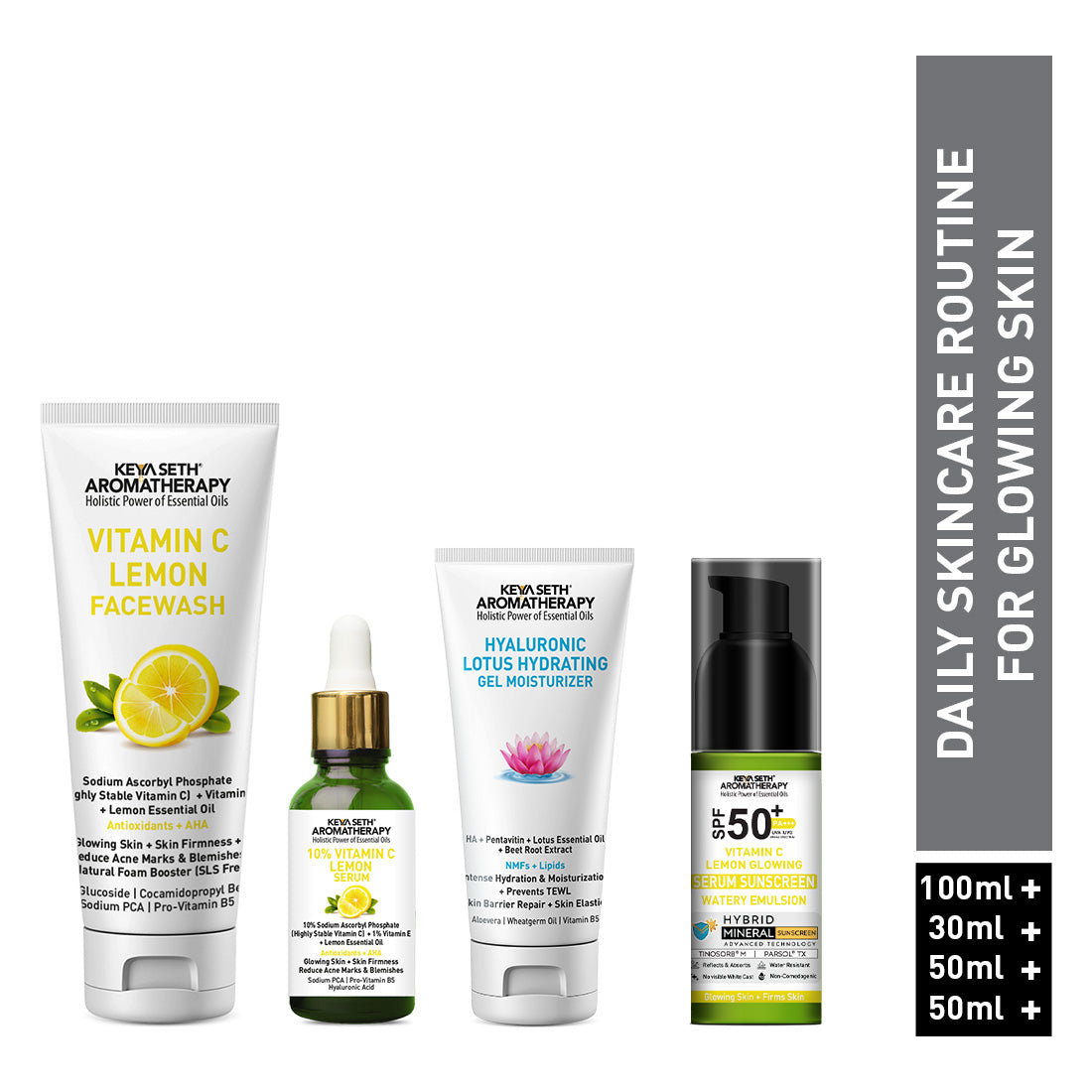 Daily Skincare Routine for Glowing Skin with Vitamin C Lemon Facewash, 10% Vitamin C Serum, 2% Pentavitin & Beet Root Extract Gel Moisturizer, and SPF 30 PA+++ Sunscreen for Deep Hydration & Skin Barrier Support - Keya Seth Aromatherapy