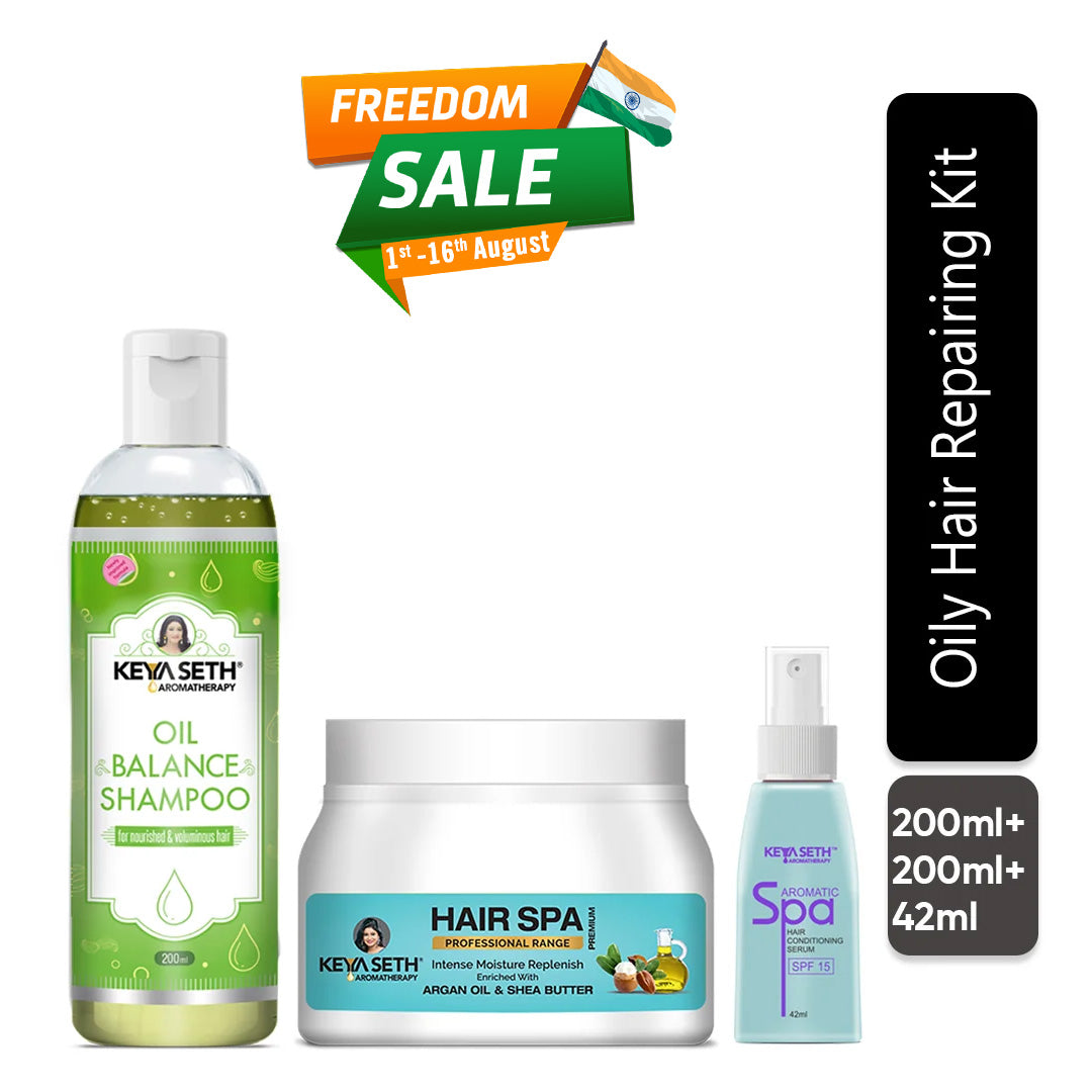 Oily Hair Repair Kit: Lemon & Lavender Shampoo, Jojoba & Rosemary Hair Spa & Aromatic Serum for Balanced, Voluminous & Frizz-Free Hair - Keya Seth Aromatherapy