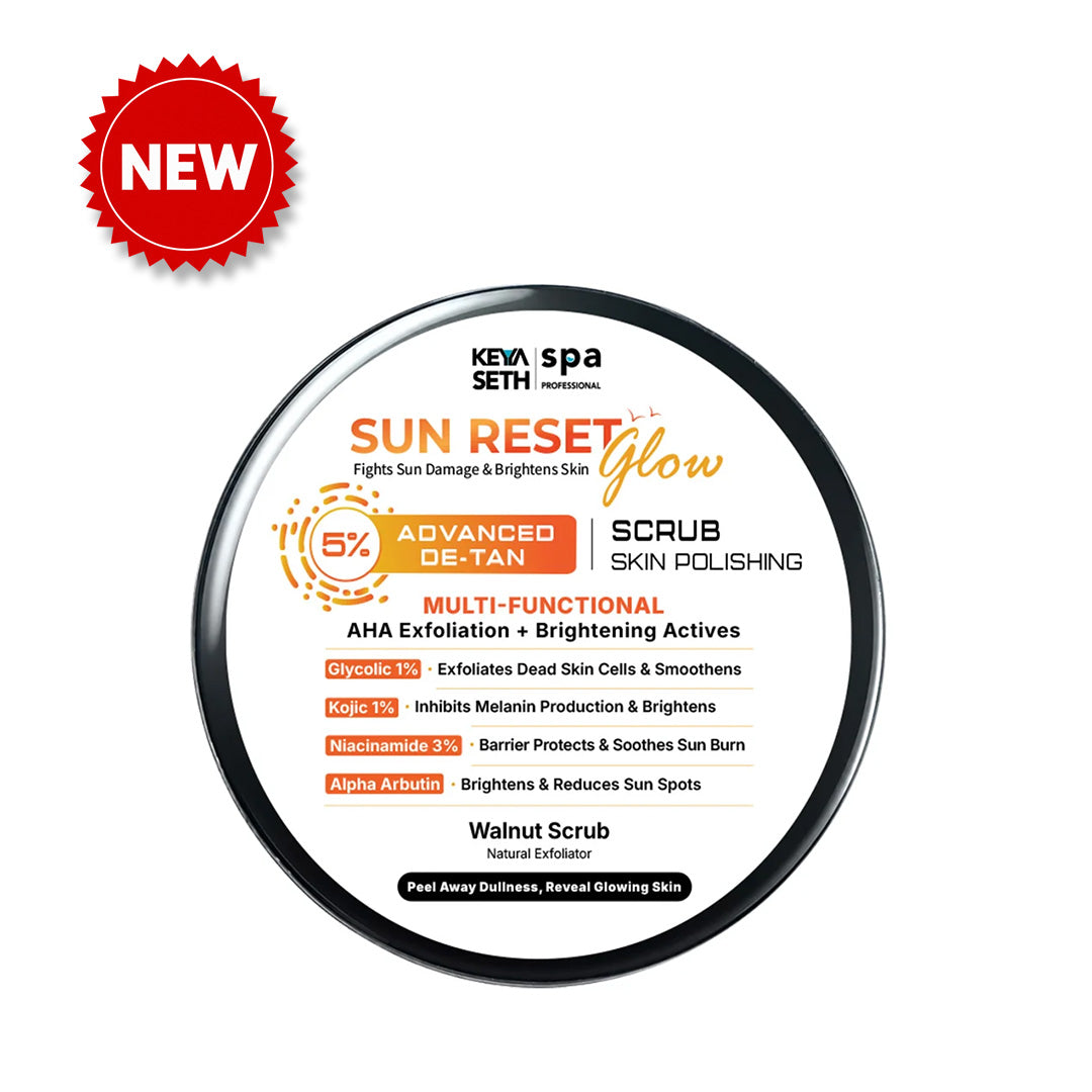 5% Advance De Tan SUN RESET Glow Skin Polishing Scrub 1% Glycolic, 1% Kojic, 3% Niacinamide, Alpha Arbutin Fights Sun Damage & Brightens Skin - Keya Seth Aromatherapy