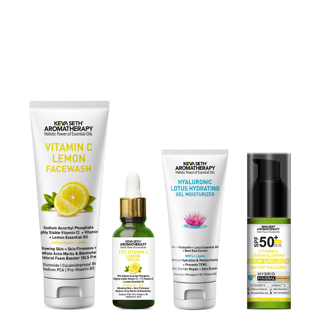 Daily Skincare Routine for Glowing Skin with Vitamin C Lemon Facewash, 10% Vitamin C Serum, 2% Pentavitin & Beet Root Extract Gel Moisturizer, and SPF 50 PA+++ Sunscreen for Deep Hydration & Skin Barrier Support - Keya Seth Aromatherapy