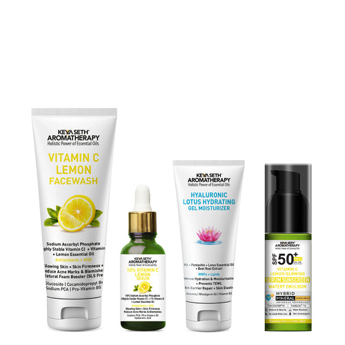 Daily Skincare Routine for Glowing Skin with Vitamin C Lemon Facewash, 10% Vitamin C Serum, 2% Pentavitin & Beet Root Extract Gel Moisturizer, and SPF 50 PA+++ Sunscreen for Deep Hydration & Skin Barrier Support - Keya Seth Aromatherapy