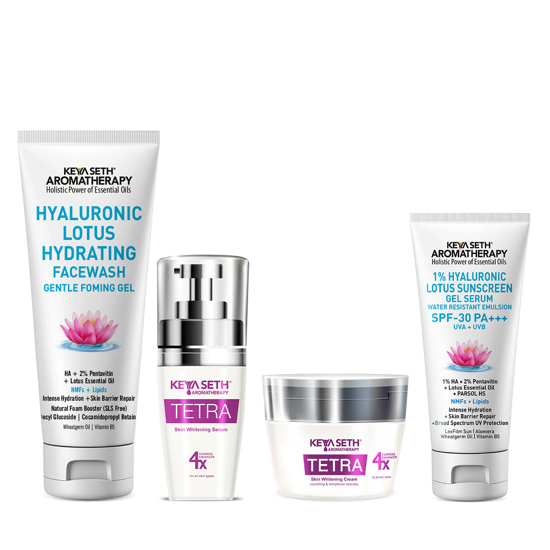 Daily Skin Care Routine for Brightening + Radiant Skin with Hyaluronic Facewash, Tetra Serum, Tetra Cream & 1% Hyaluronic Lotus Sunscreen Gel - Keya Seth Aromatherapy