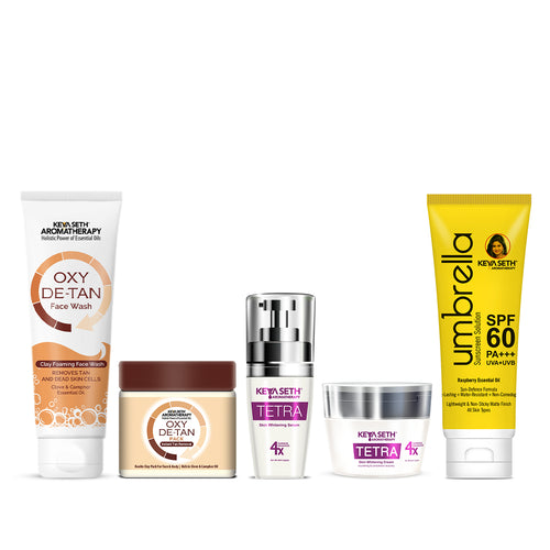 Tan Removal Skincare Routine – Facewash, Serum, Face Pack & SPF 60 to Exfoliate, Brighten, Fade Tan, Dark Spots & Protect from Sun Damage - Keya Seth Aromatherapy