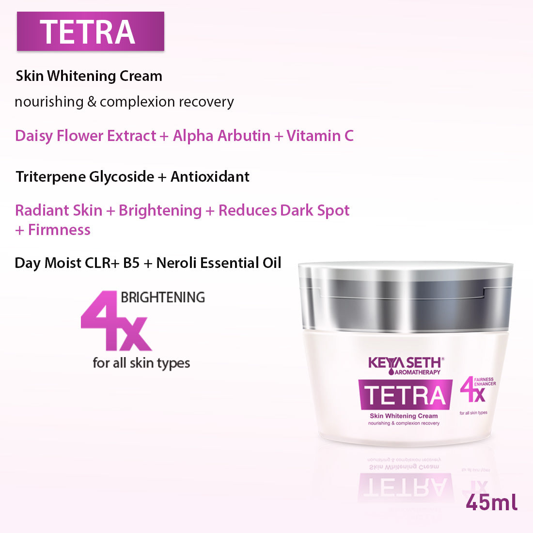 Tetra Skin Whitening Cream, Alpha Arbutin, Niacinamide, Vitamin C, Daisy Extract & Neroli for Radiant Glow & Luminous Complexion, Age Spots & Melasma - Keya Seth Aromatherapy