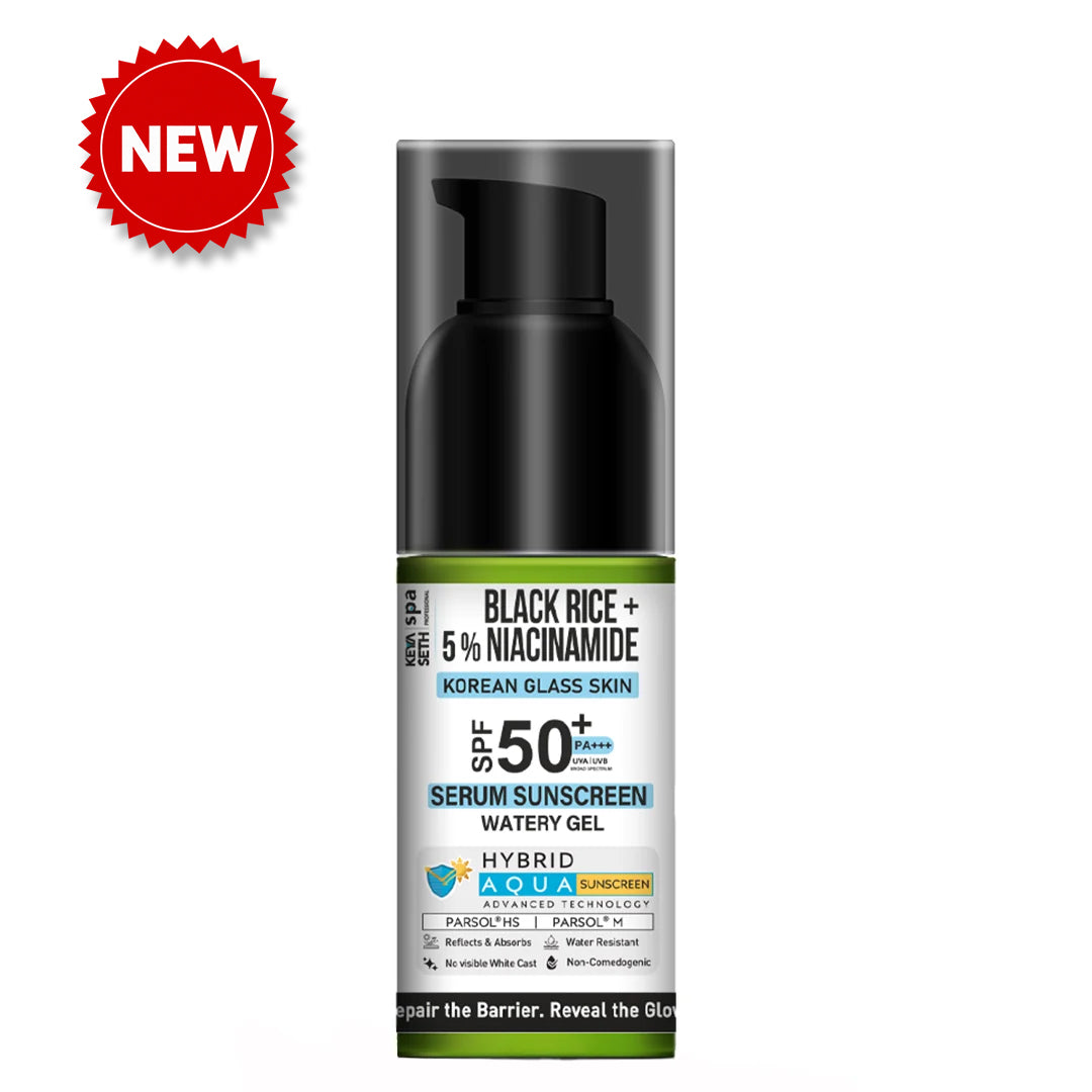 Korean Glass Skin Hybrid Aqua Serum Sunscreen SPF 50 PA+++ – Black Rice & 5% Niacinamide, Watery Gel, No White Cast, Water-Resistant with Parsol HS & M - Keya Seth Aromatherapy