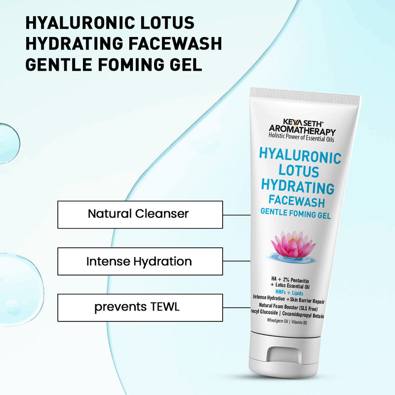 Hyaluronic Lotus Hydrating Facewash, 2 % Pentavitin + Natural Glucoside Foaming, NMFs + Lipids, Skin Barrier Repair, Gentle SLS Free - Keya Seth Aromatherapy