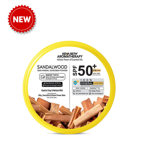100% Sandalwood Mineral Tinted Sunscreen Loose Powder SPF 50 PA+++ - Makeup Finish, No White Cast with Zinc Oxide & Parsol TX - Keya Seth Aromatherapy