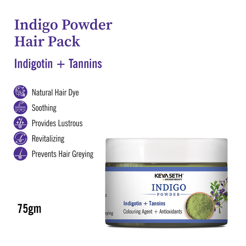 Indigo Powder Hair Pack with Indigotin & Tannins for Natural Hair Dye, Soothing Care, Lustrous Shine, Revitalization & Grey Prevention - Keya Seth Aromatherapy