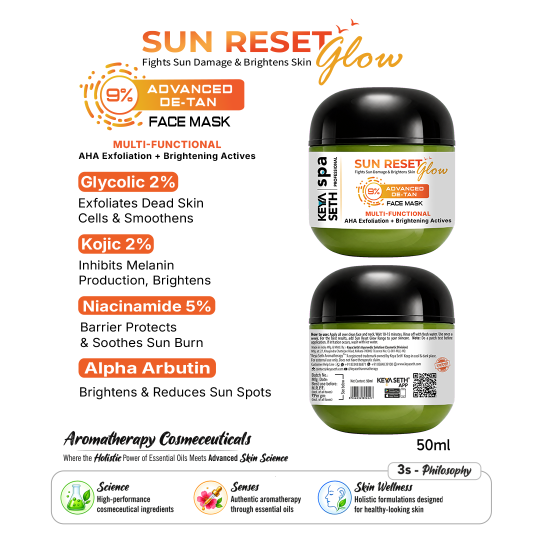 9% Advanced De-Tan SUN RESET Glow Face Mask, 2% Glycolic, 2% Kojic, 5% Niacinamide, Alpha Arbutin, Fights Sun Damage, Exfoliates Dead Skin & Brightens Skin - Keya Seth Aromatherapy