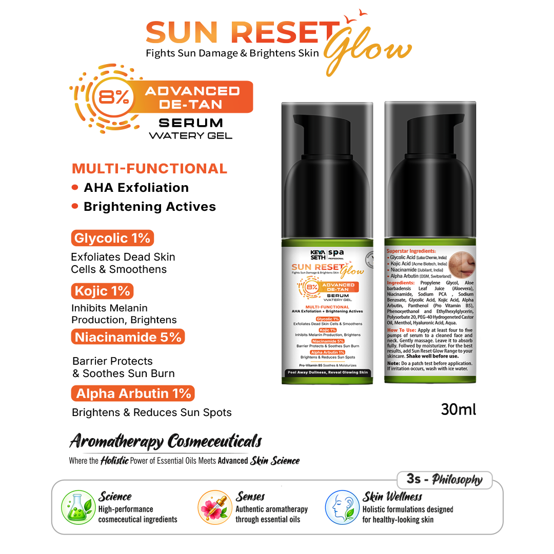 8% Advanced De-Tan SUN RESET Glow Serum Gel with 1% Glycolic Acid, 1% Kojic Acid, 5% Niacinamide & 1% Alpha Arbutin, Fights Sun Damage & Brightens Skin - Keya Seth Aromatherapy