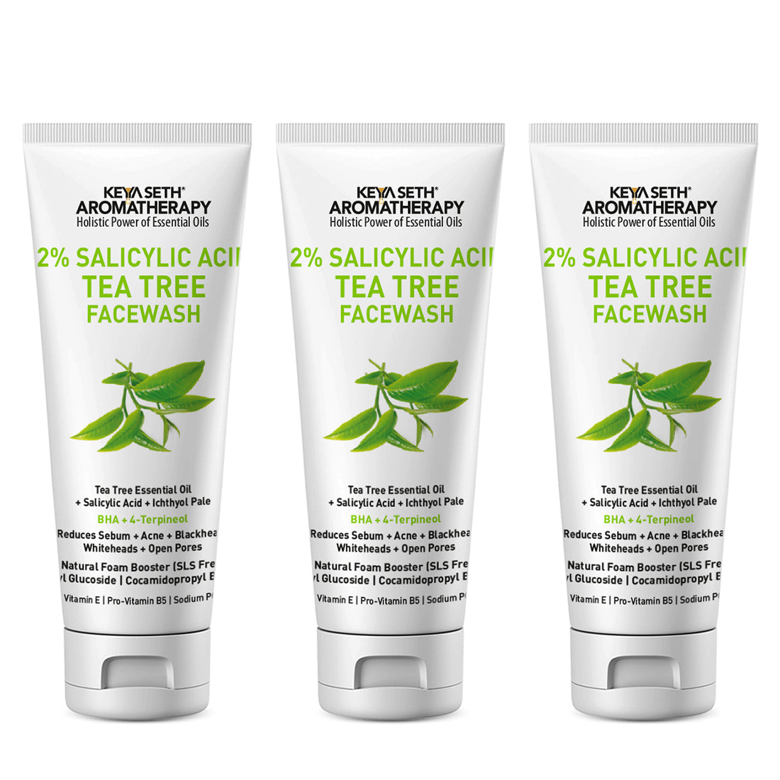 2% Salicylic Acid Tea Tree Facewash, BHA + Terpineol, Natural Glucoside Foaming, Acne, Blemishes, Blackheads, Whiteheads & Open Pores, Hyaluronic Acid - Keya Seth Aromatherapy