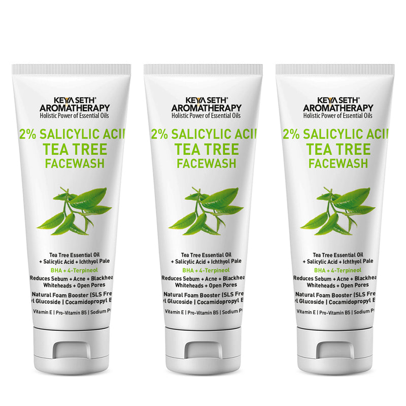 2% Salicylic Acid Tea Tree Facewash, BHA + Terpineol, Natural Glucoside Foaming, Acne, Blemishes, Blackheads, Whiteheads & Open Pores, Hyaluronic Acid - Keya Seth Aromatherapy