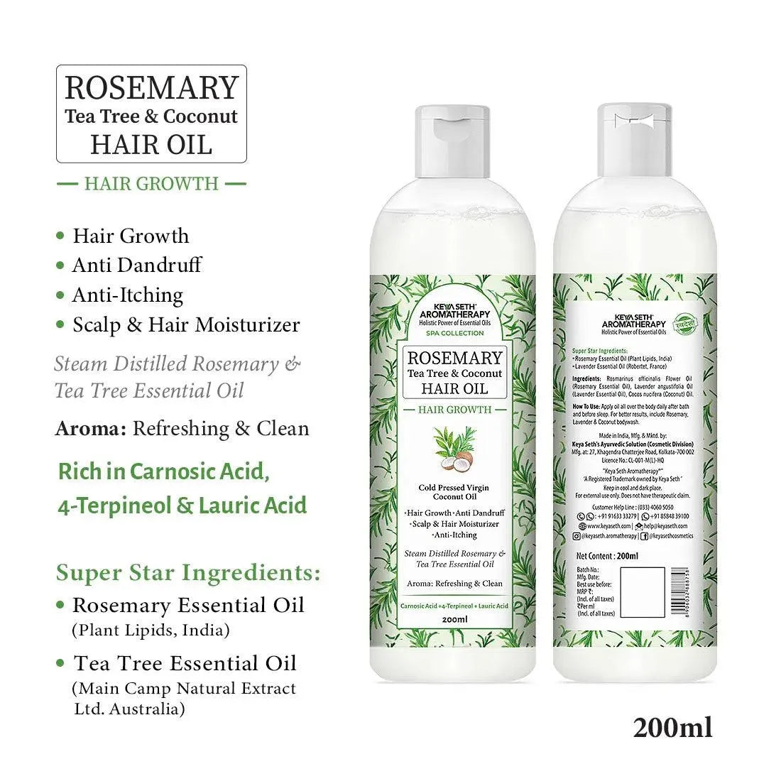 Rosemary Tea Tree Coconut Hair Oil, Hair Growth Anti Dandruff & Itching Nourishment & Moisturizer, Distilled Essential Oil - Keya Seth Aromatherapy