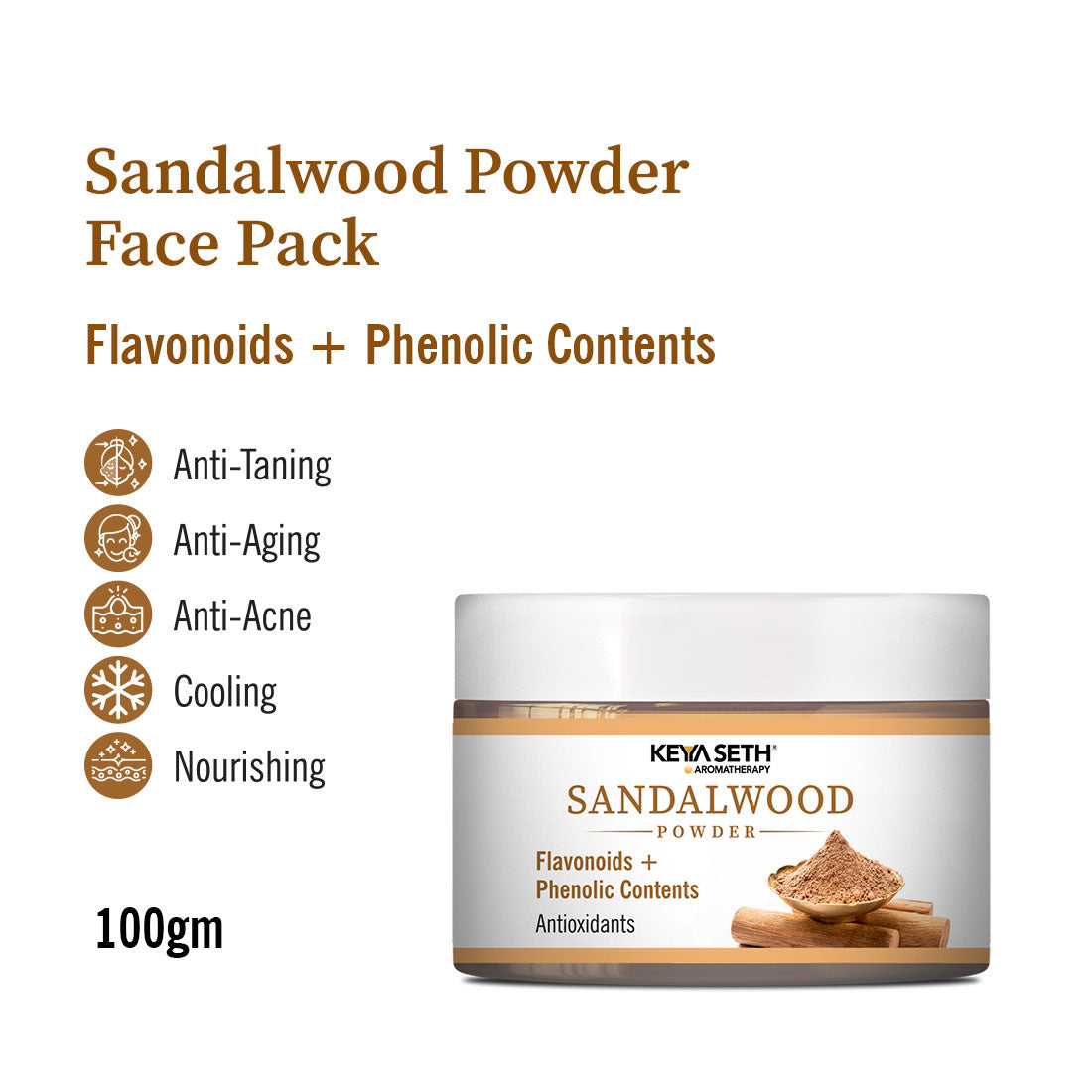 Sandalwood Powder Face Pack with Phenolic Contents & Flavonoids for Tan Removal, Acne Reduction, Anti-Aging, Cooling & Even Skin Tone - Keya Seth Aromatherapy