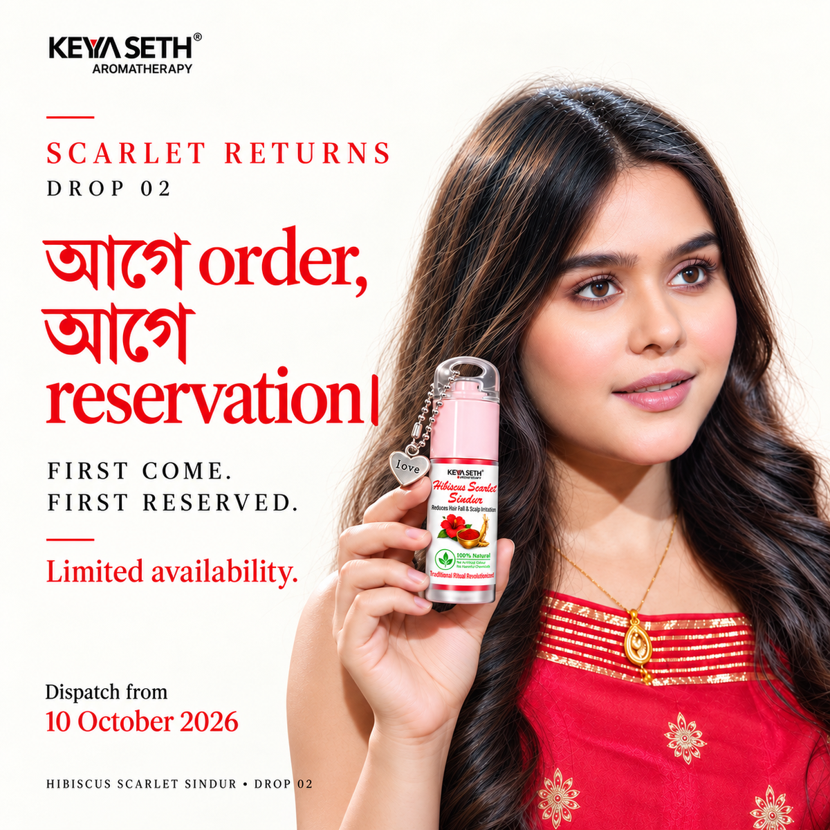 Limited Edition - Hibiscus Scarlet Red Sindur – Helps Reduce Hair Fall & Scalp Irritation, Korean Red Ginsgeng, Organic Floral Colour & Herbs , Long-Lasting & Water-Resistant - Keya Seth Aromatherapy