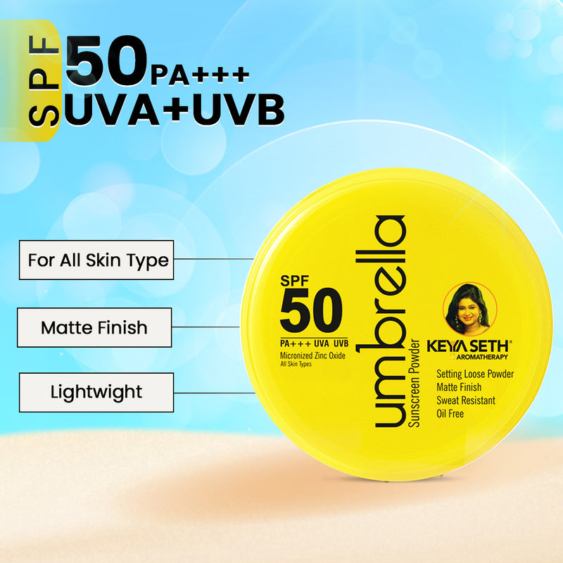 Umbrella Sunscreen Powder SPF 50 with PA+++ UV Protection, Sweat Resistant Formula, Micronized Zinc Oxide for Oily Skin - Keya Seth Aromatherapy